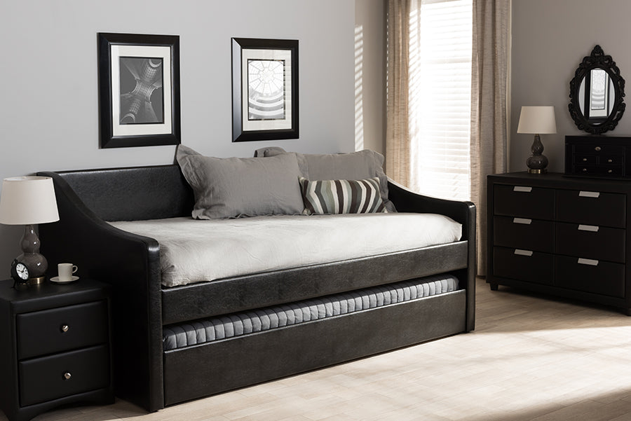 Barnstorm Modern and Contemporary Black Faux Leather Upholstered Daybed with Guest Trundle Bed