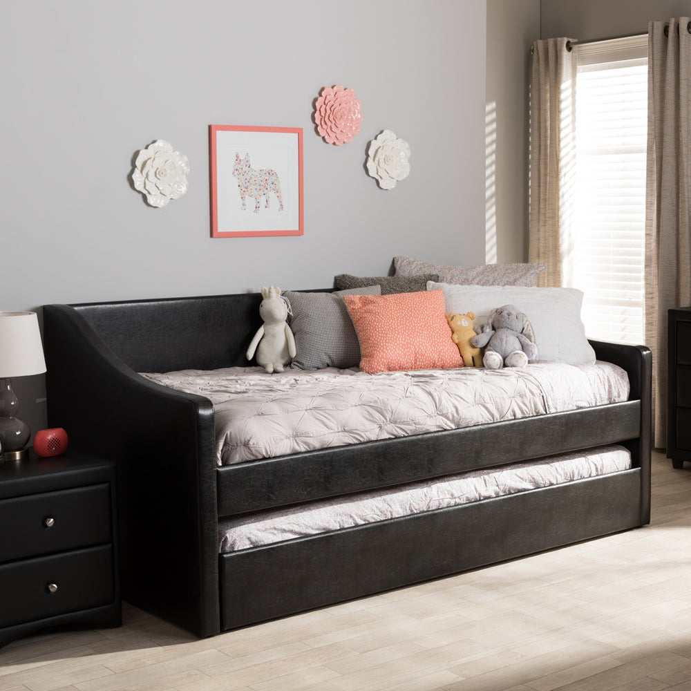 Barnstorm Modern and Contemporary Black Faux Leather Upholstered Daybed with Guest Trundle Bed