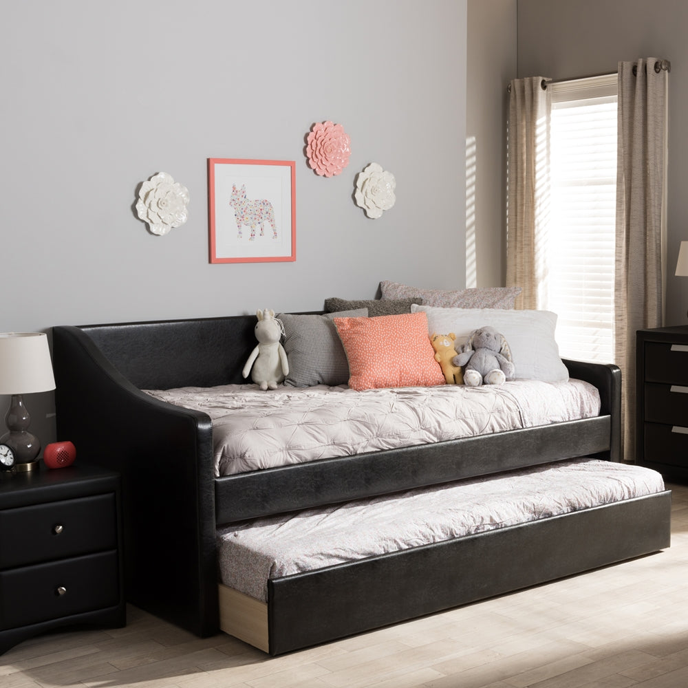 Barnstorm Modern and Contemporary Black Faux Leather Upholstered Daybed with Guest Trundle Bed