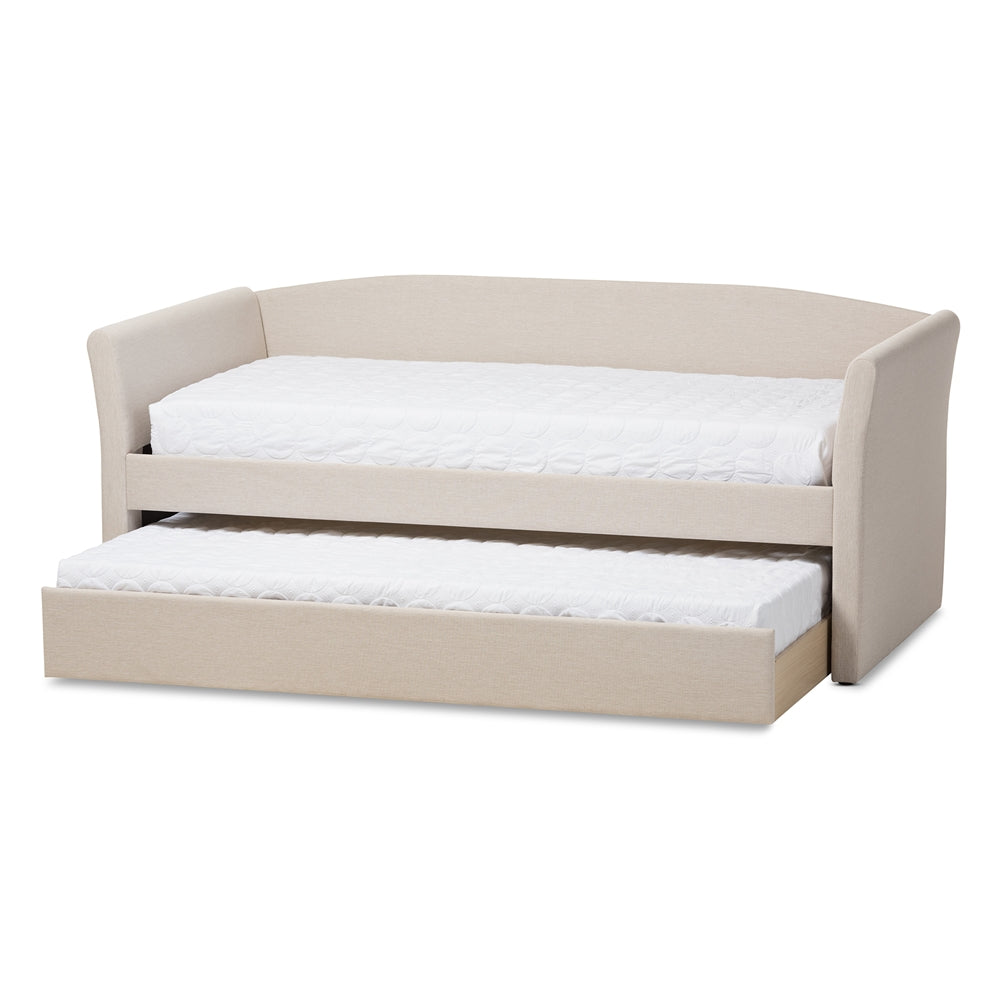 Camino Beige Fabric Upholstered Daybed With Guest Trundle Bed