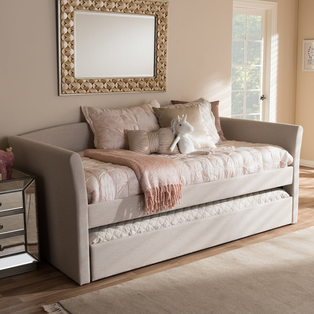 Camino Beige Fabric Upholstered Daybed With Guest Trundle Bed