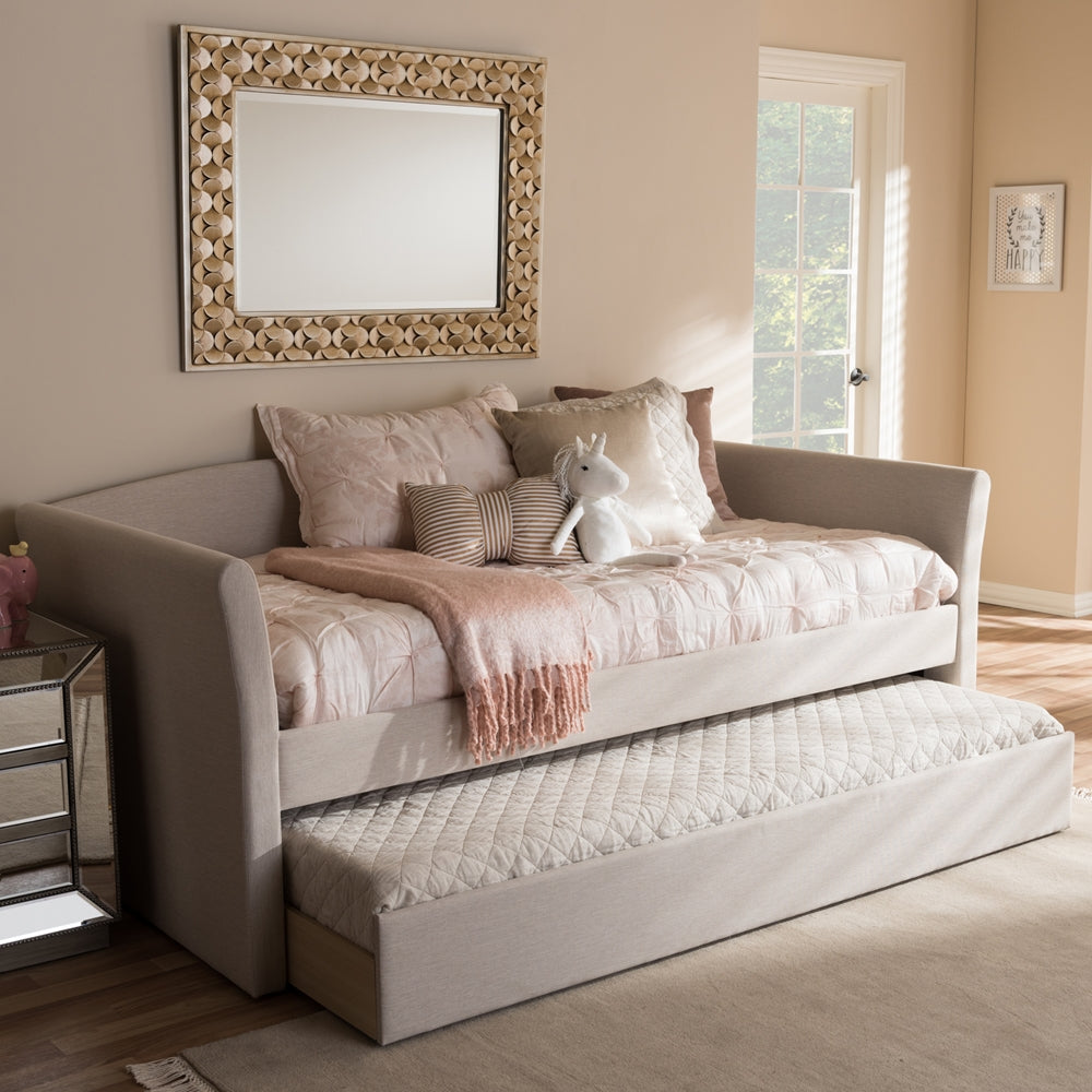 Camino Beige Fabric Upholstered Daybed With Guest Trundle Bed