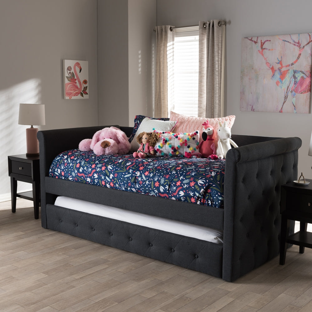 Narine Alena Twin Dark Grey Fabric Daybed – Modern Upholstered Frame with Pull-Out Trundle