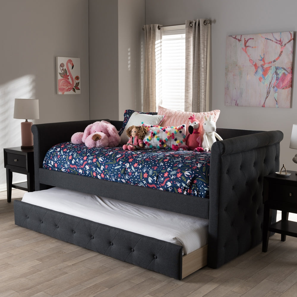 Narine Alena Twin Dark Grey Fabric Daybed – Modern Upholstered Frame with Pull-Out Trundle