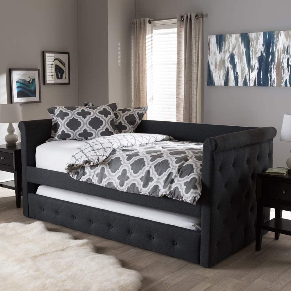 Narine Alena Twin Dark Grey Fabric Daybed – Modern Upholstered Frame with Pull-Out Trundle