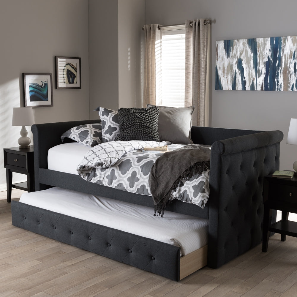 Narine Alena Twin Dark Grey Fabric Daybed – Modern Upholstered Frame with Pull-Out Trundle