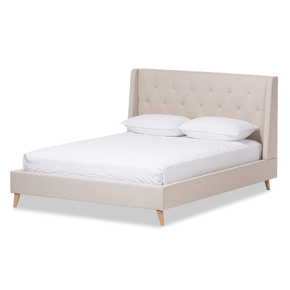 Safiya Adelaide Queen Light Beige Fabric Platform Bed – Retro Modern Upholstered with Padded Headboard