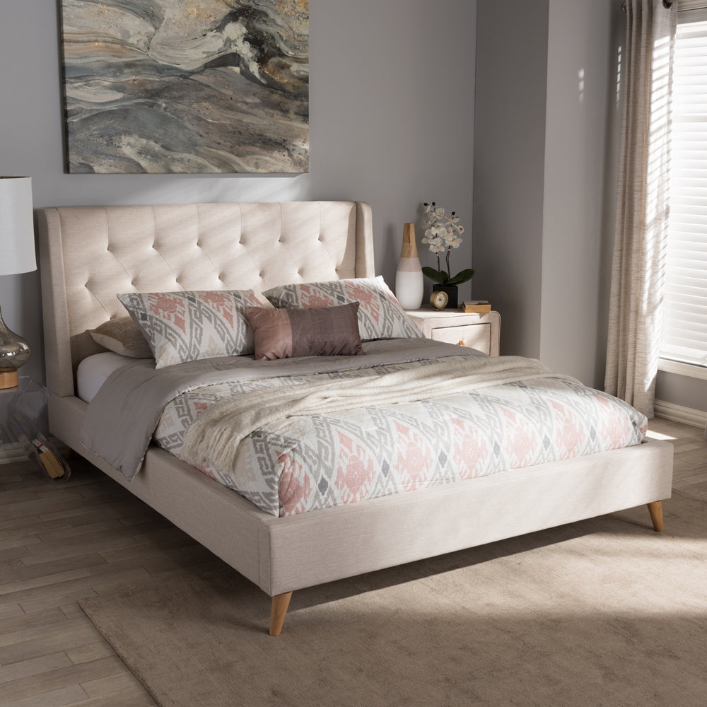 Piran Adelaide Collection King Platform Bed Light Beige – Retro Style with Upholstered Headboard