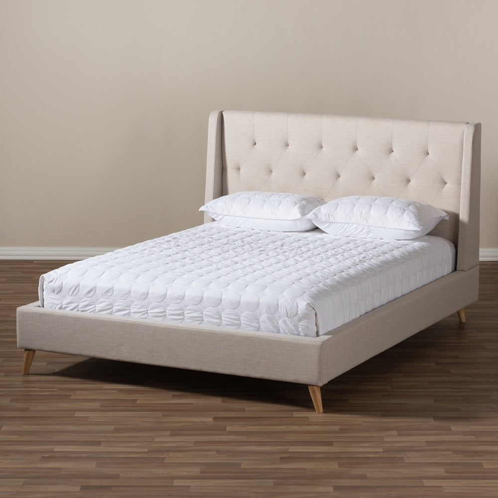 Safiya Adelaide Queen Light Beige Fabric Platform Bed – Retro Modern Upholstered with Padded Headboard