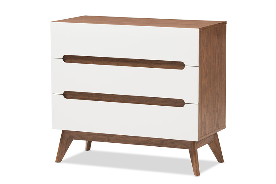 Calypso Mid-Century Modern White and Walnut Wood 3-Drawer Storage Chest