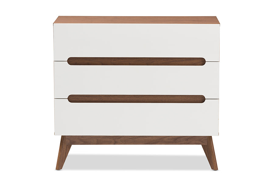 Calypso Mid-Century Modern White and Walnut Wood 3-Drawer Storage Chest