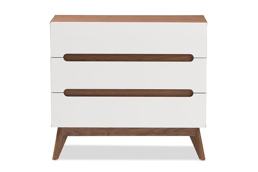 Calypso Mid-Century Modern White and Walnut Wood 3-Drawer Storage Chest