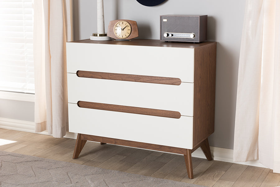 Calypso Mid-Century Modern White and Walnut Wood 3-Drawer Storage Chest
