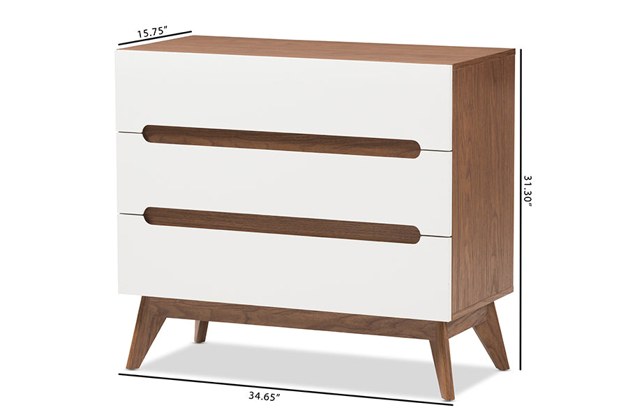 Calypso Mid-Century Modern White and Walnut Wood 3-Drawer Storage Chest
