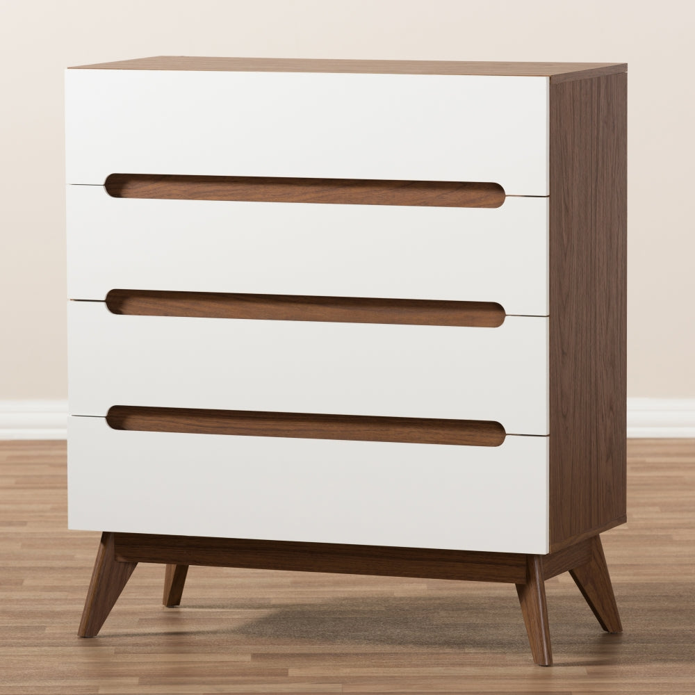 Calypso Mid-Century Modern White and Walnut Wood 4-Drawer Storage Chest