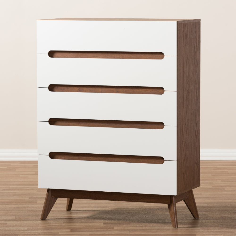 Calypso Mid-Century Modern White and Walnut Wood 5-Drawer Storage Chest