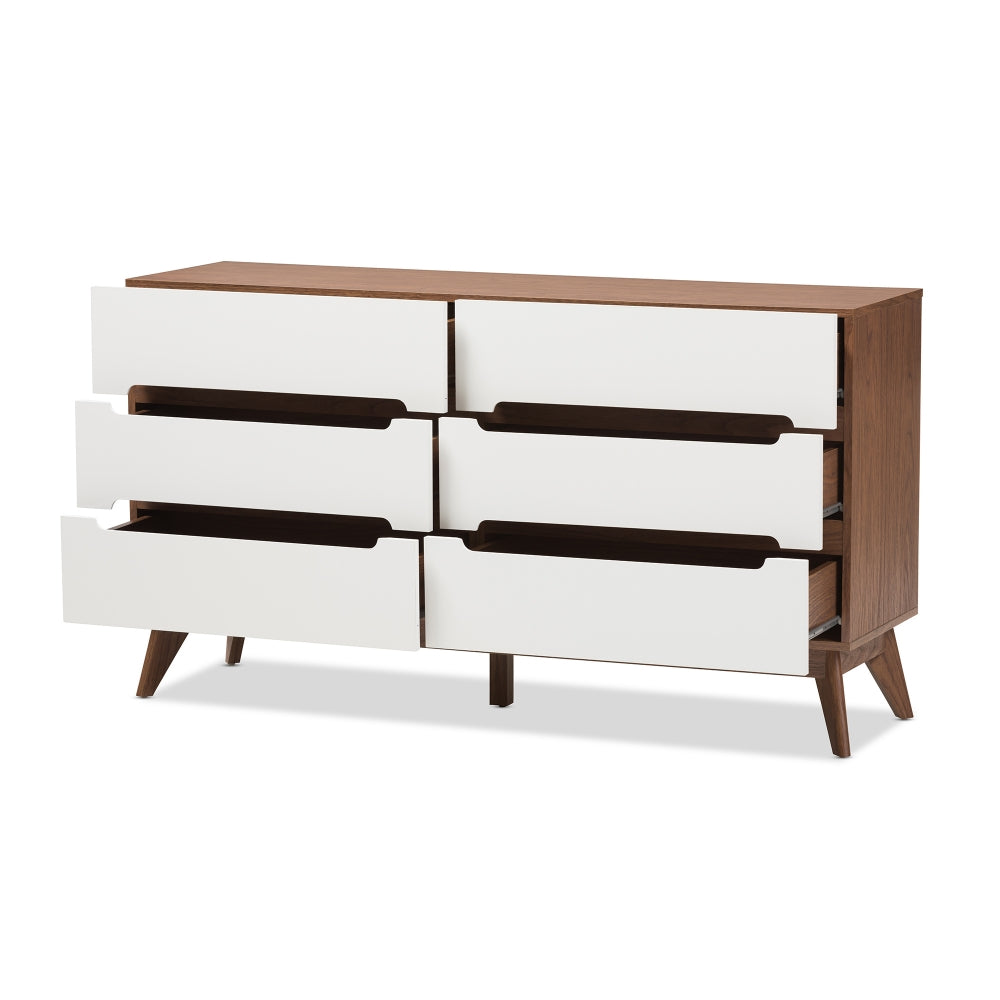 Calypso Mid-Century Modern White and Walnut Wood 6-Drawer Storage Dresser