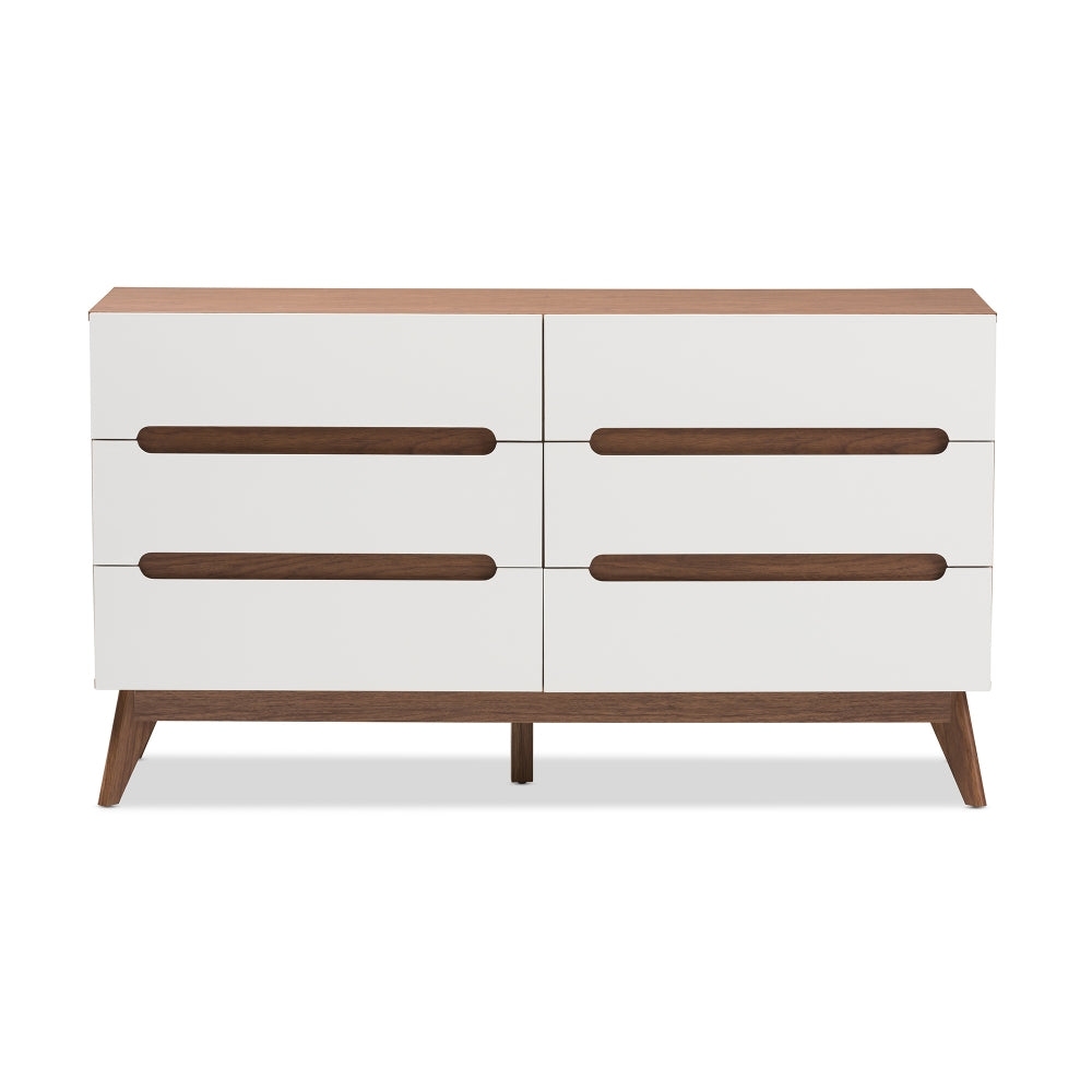 Calypso Mid-Century Modern White and Walnut Wood 6-Drawer Storage Dresser