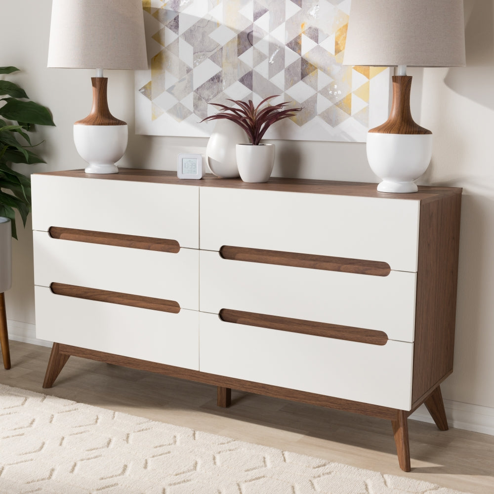 Calypso Mid-Century Modern White and Walnut Wood 6-Drawer Storage Dresser