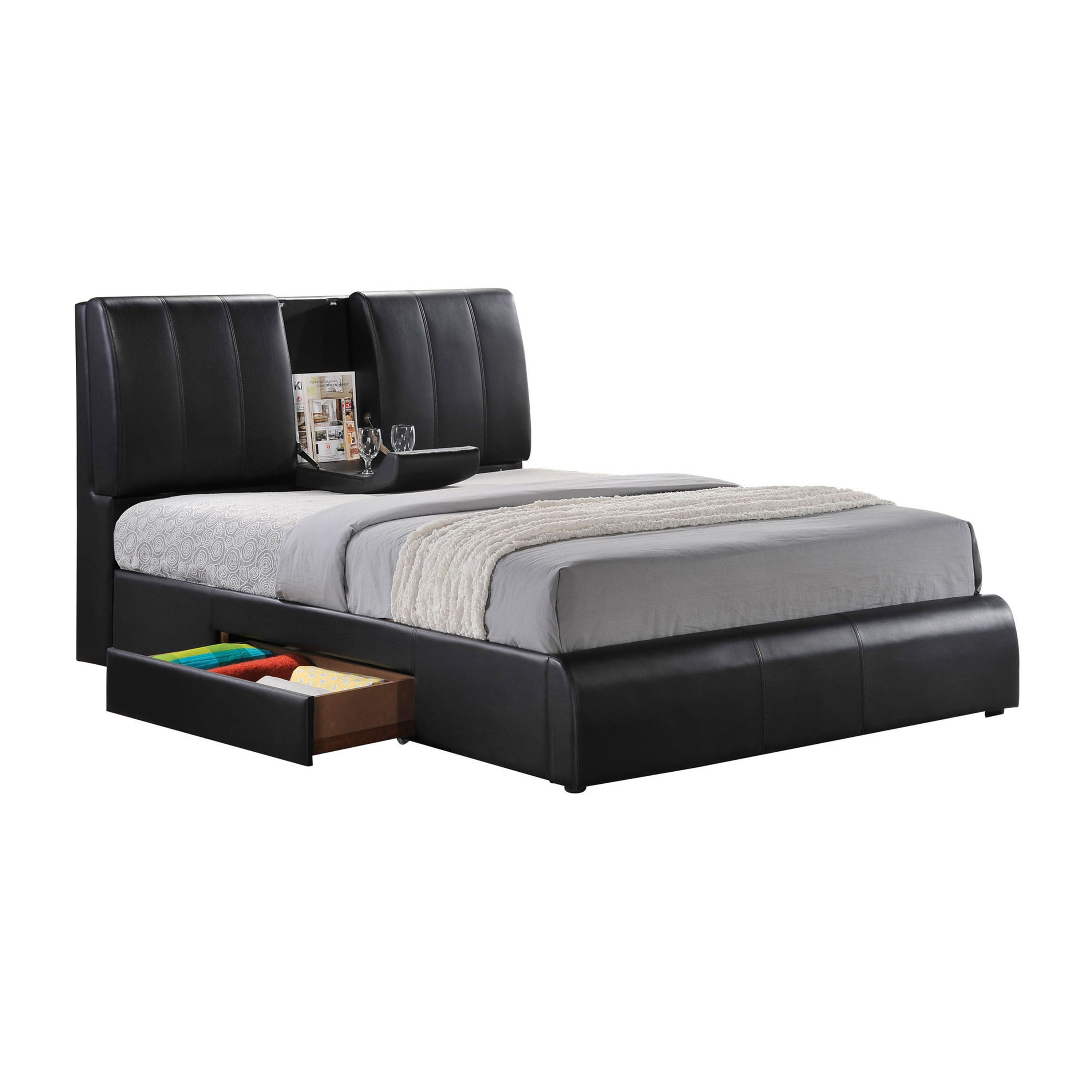 Sanjeev Kofi Eastern King Black Synthetic Leather Storage Bed – Contemporary Style with Pull-Out Drawers