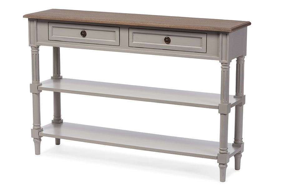 Edouard French Provincial Style White Wash Distressed Wood and Grey Two-tone 2-drawer Console Table