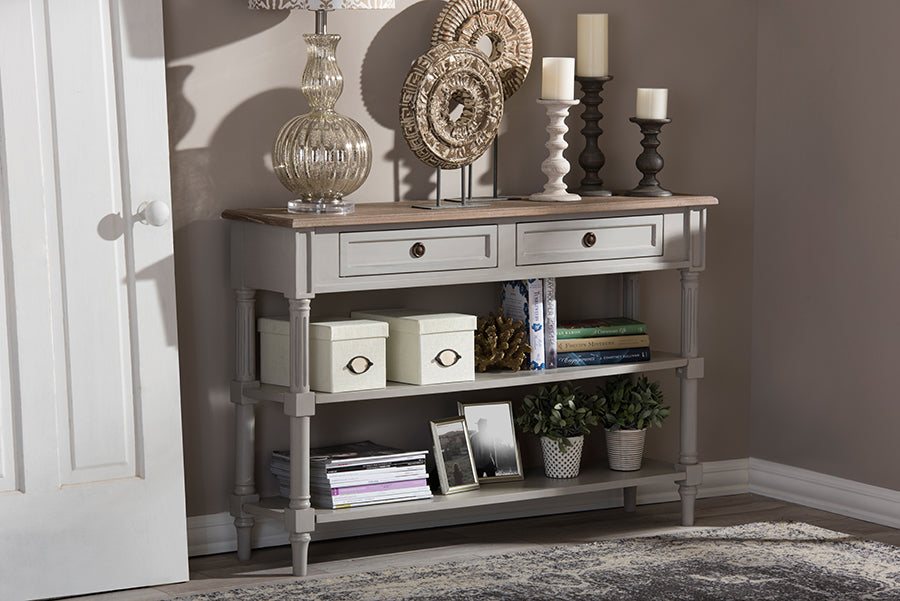 Edouard French Provincial Style White Wash Distressed Wood and Grey Two-tone 2-drawer Console Table