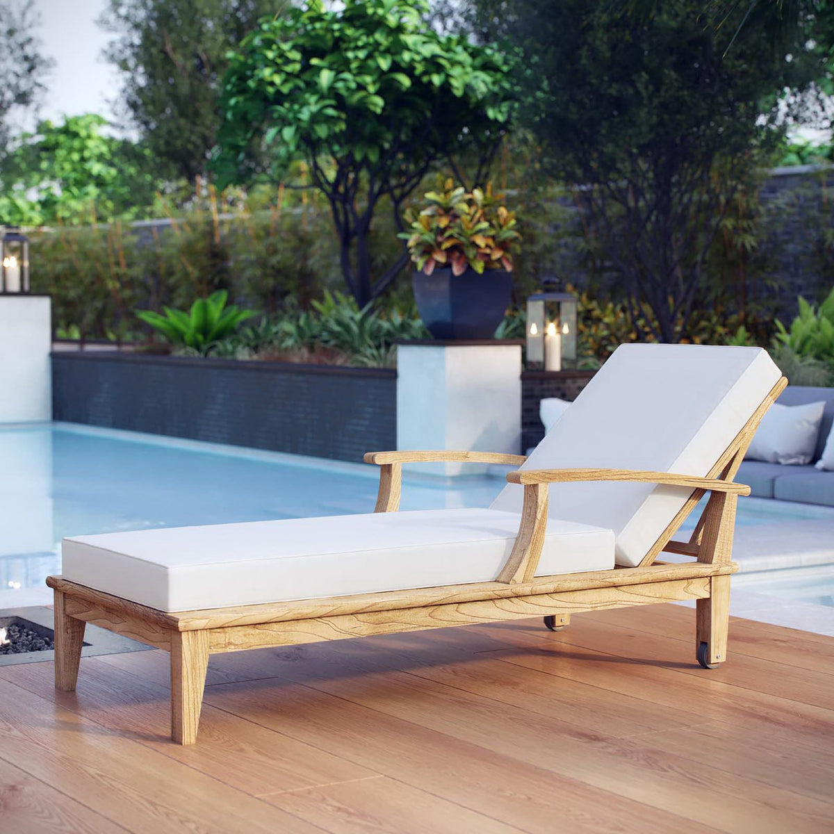 Marina Outdoor Patio Teak Single Chaise, Natural White
