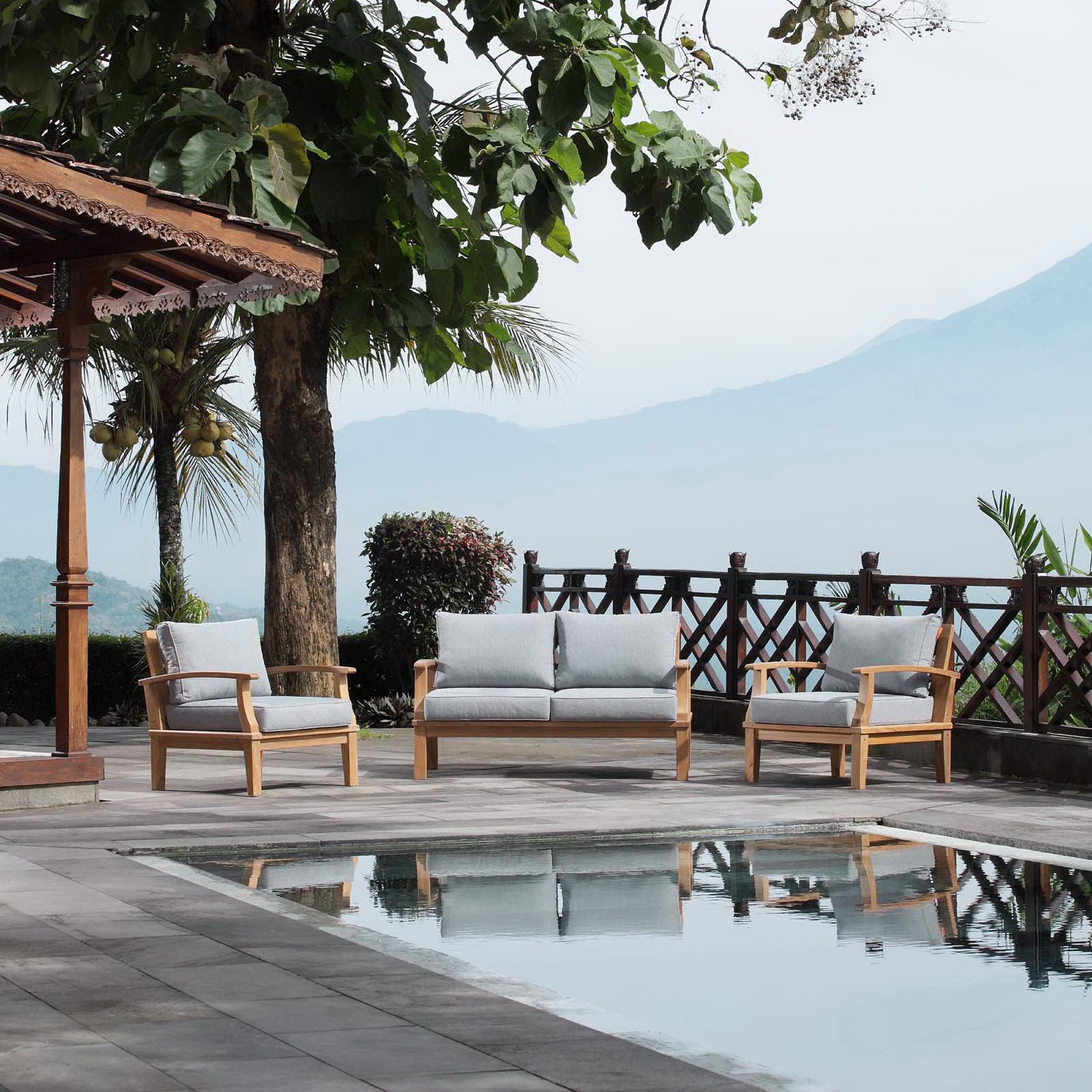 Marina 3 Piece Outdoor Patio Teak Set, Natural Gray