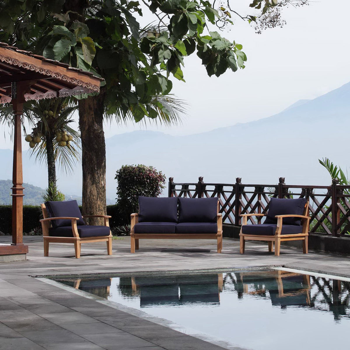 Marina 3 Piece Outdoor Patio Teak Set, Natural Navy