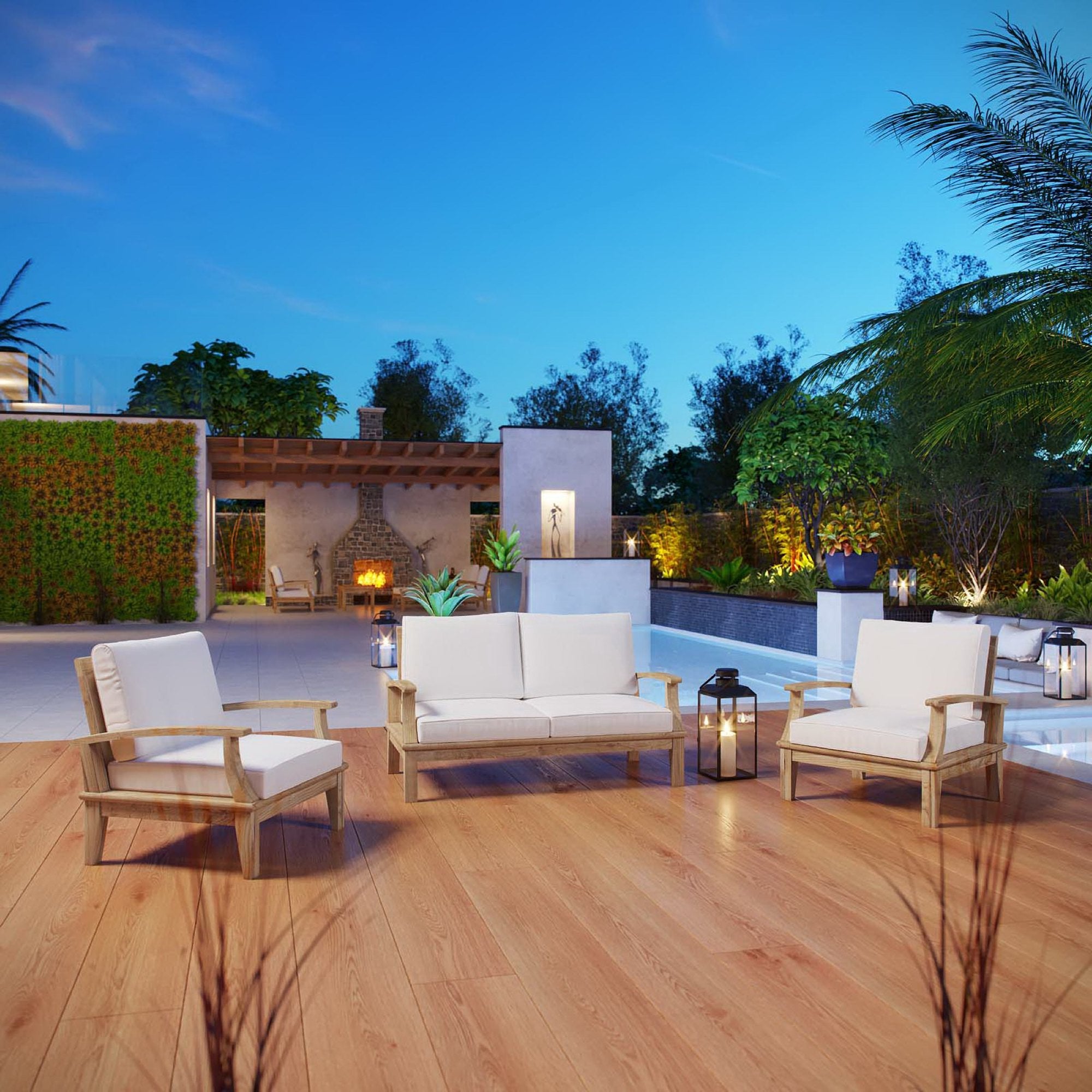 Marina 3 Piece Outdoor Patio Teak Set, Natural White
