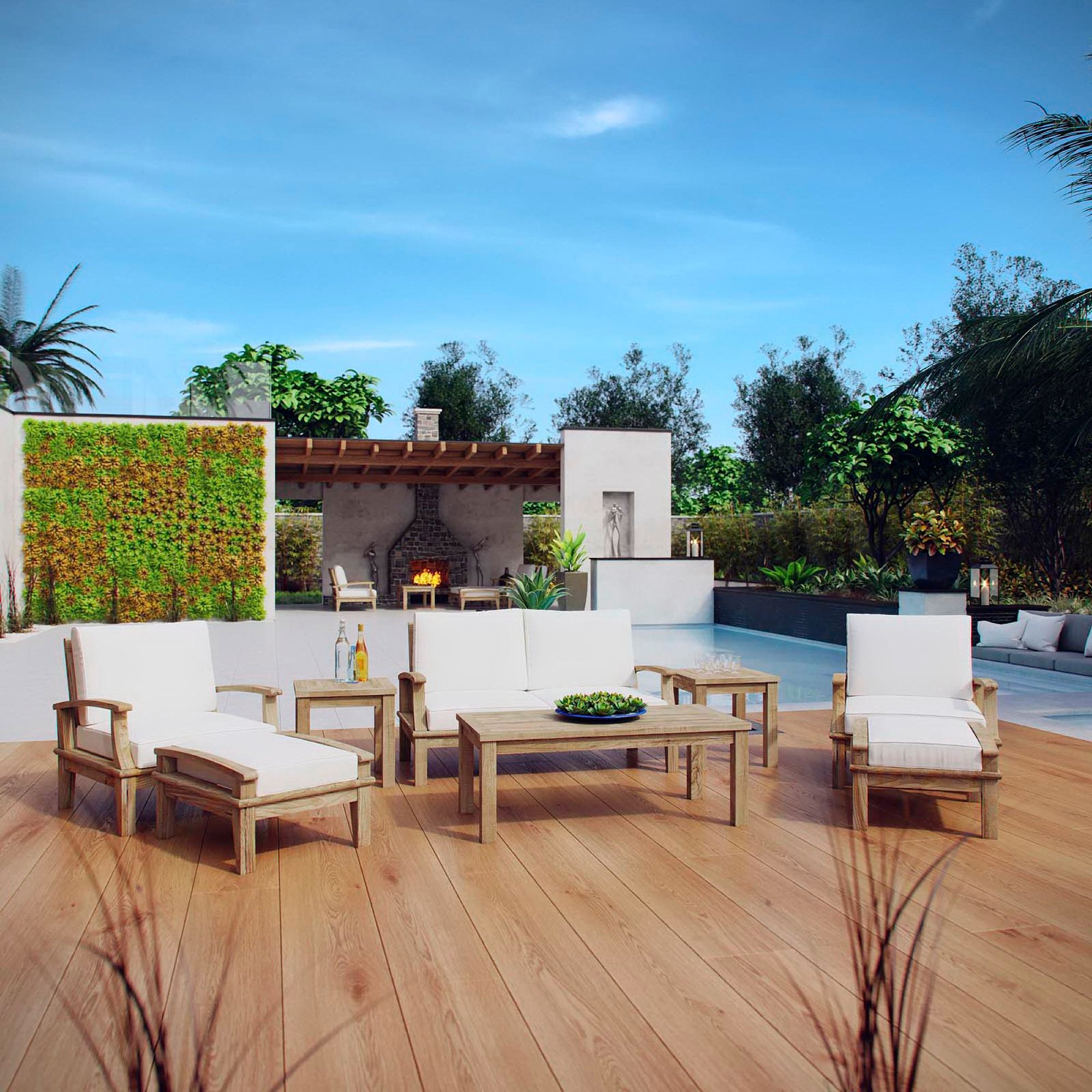 Marina 8 Piece Outdoor Patio Teak Set, Natural White