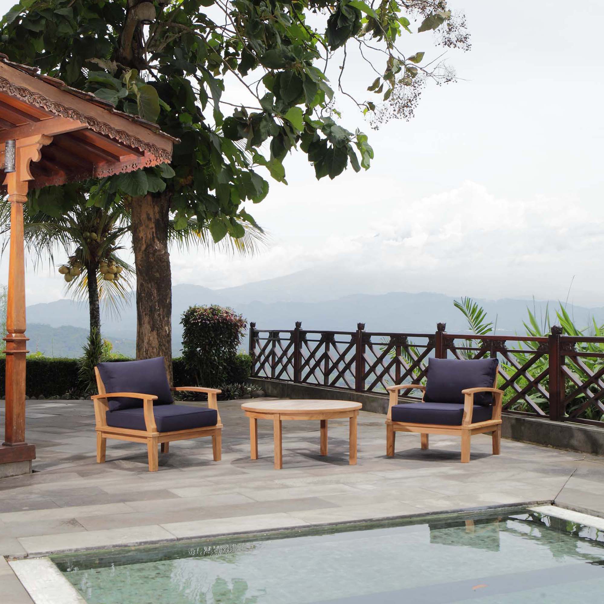Marina 3 Piece Outdoor Patio Teak Set, Natural Navy