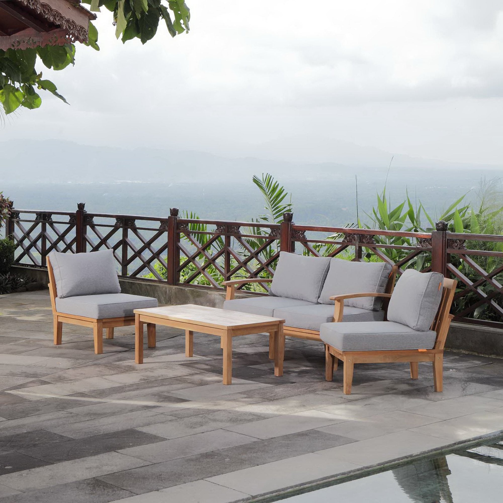 Marina 5 Piece Outdoor Patio Teak Set, Natural Gray