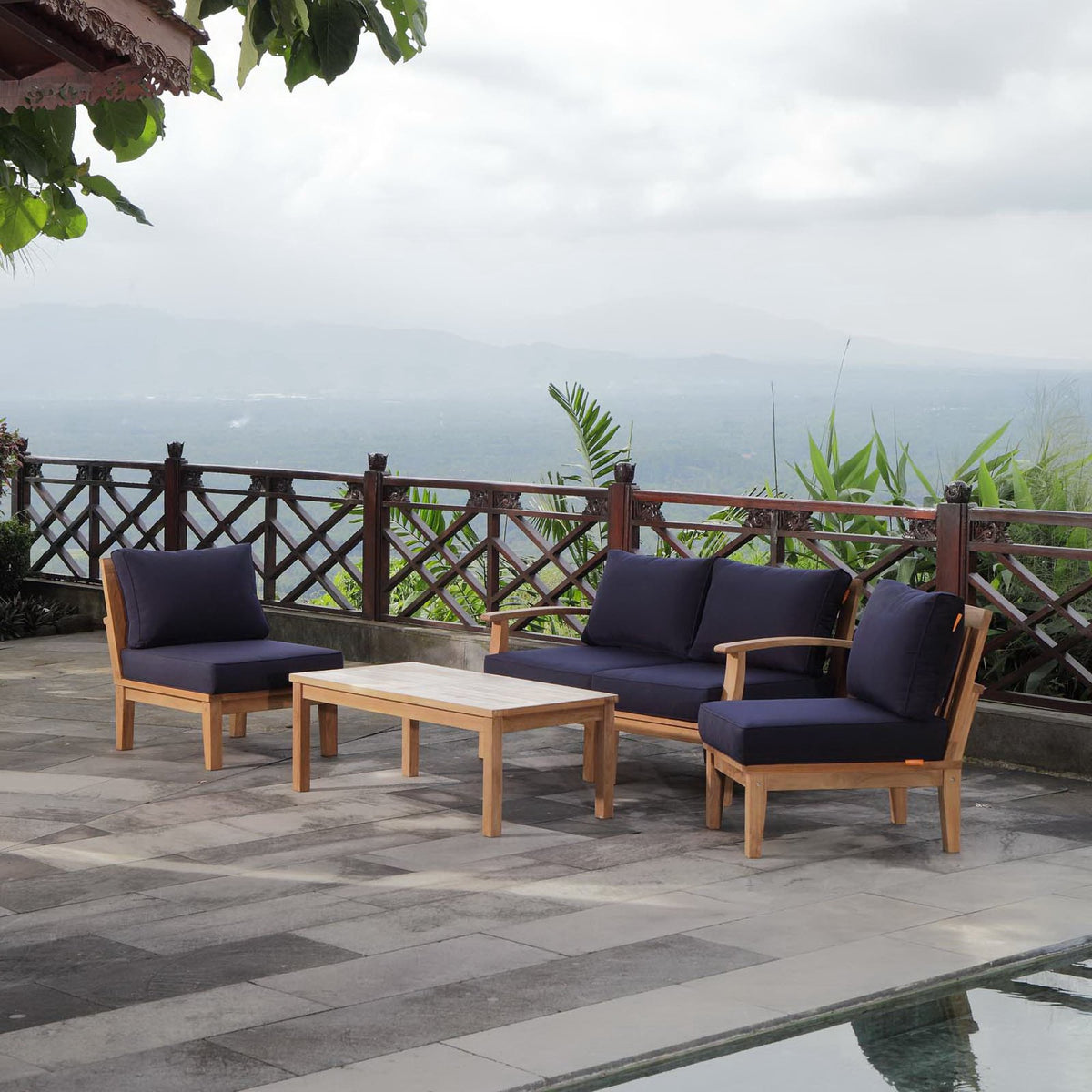 Marina 5 Piece Outdoor Patio Teak Set, Natural Navy - Model EEI-1477