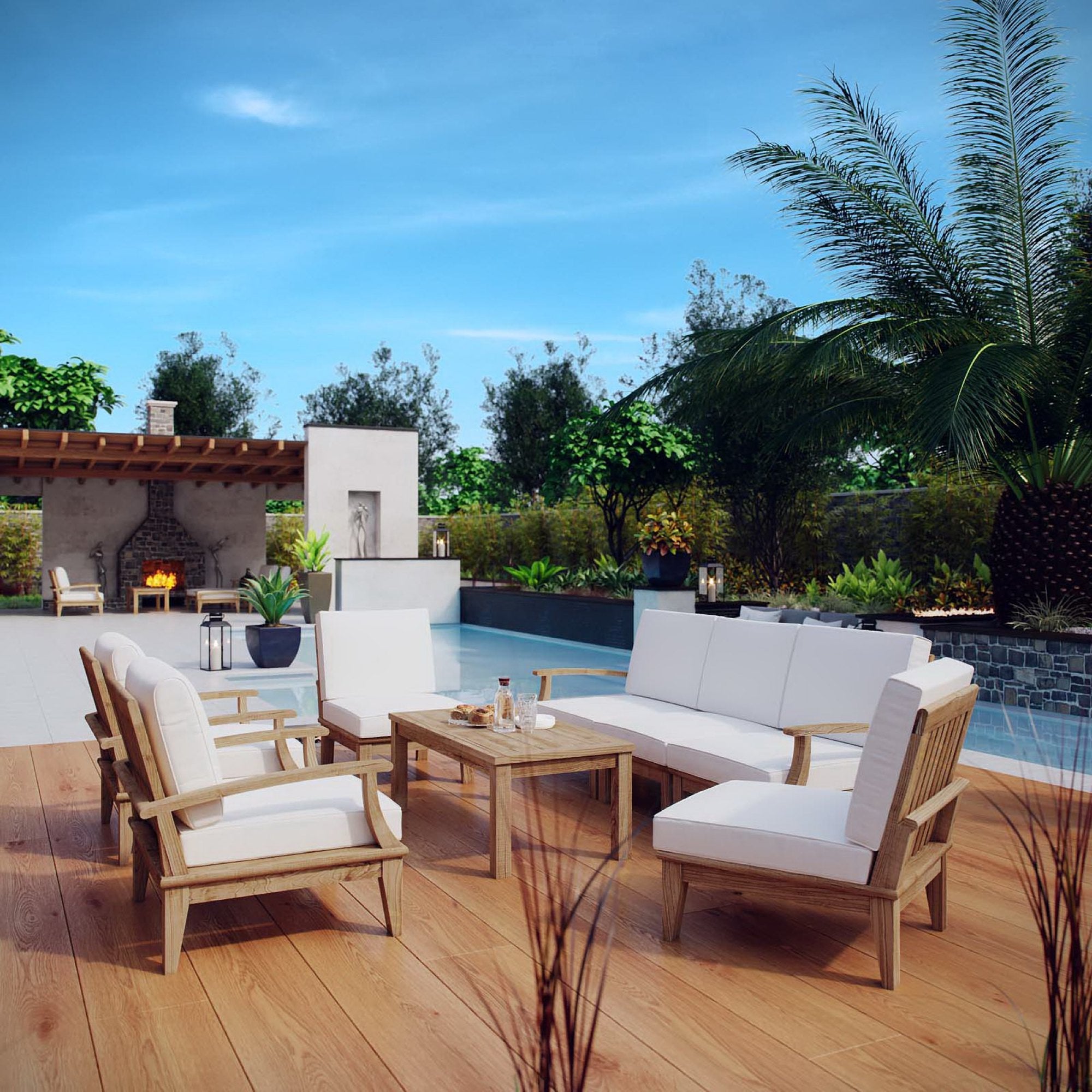 Marina 8 Piece Outdoor Patio Teak Set, Natural White