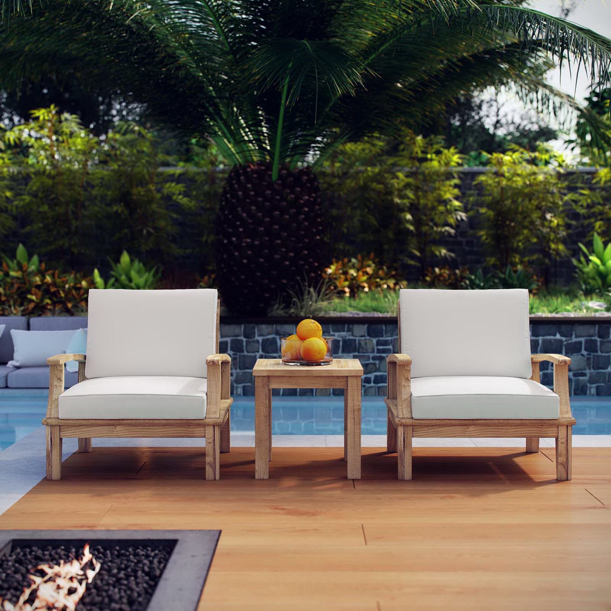 Marina 3 Piece Outdoor Patio Teak Set, Natural White