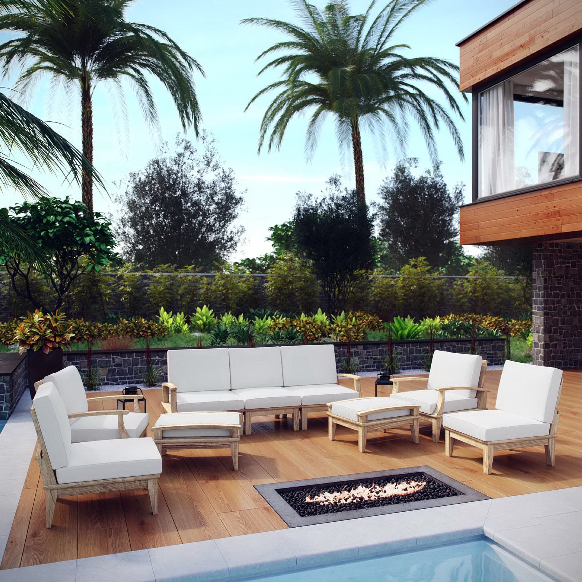 Marina 9 Piece Outdoor Patio Teak Set, Natural White