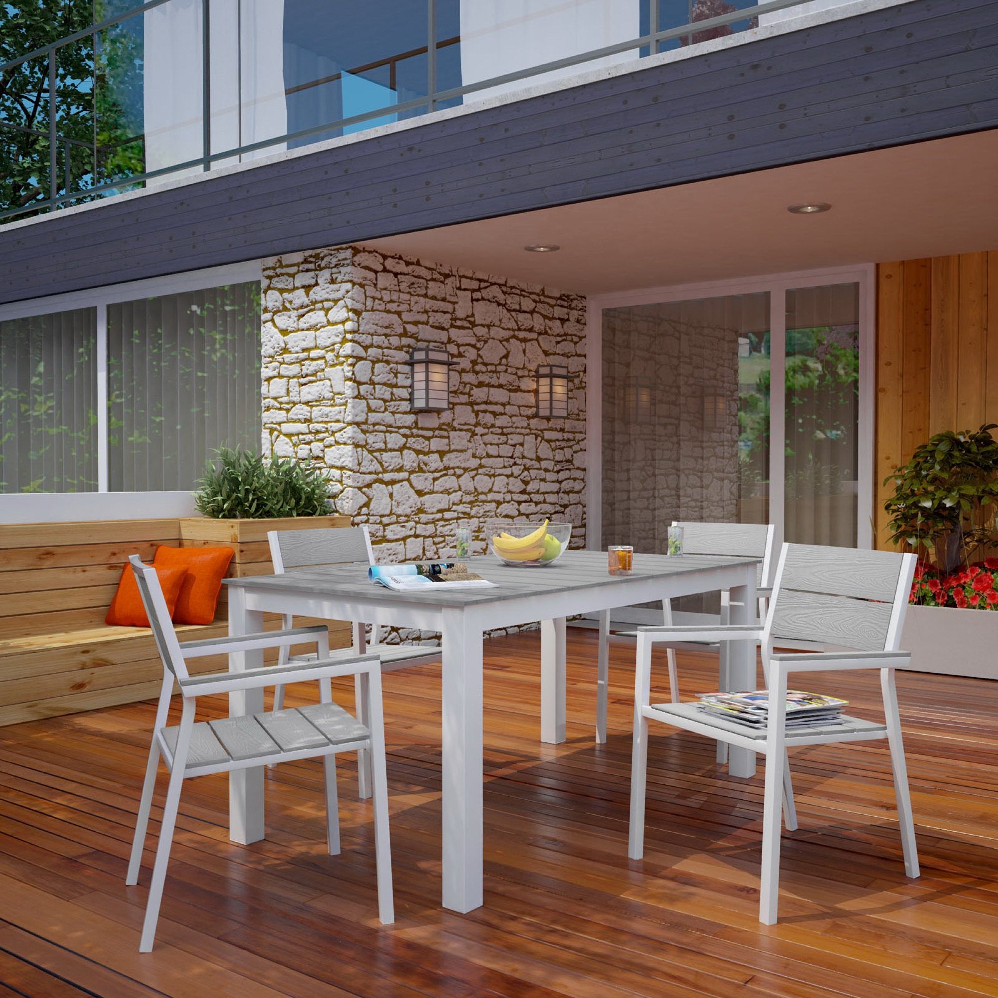 Maine 5 Piece Outdoor Patio Dining Set, White Light Gray