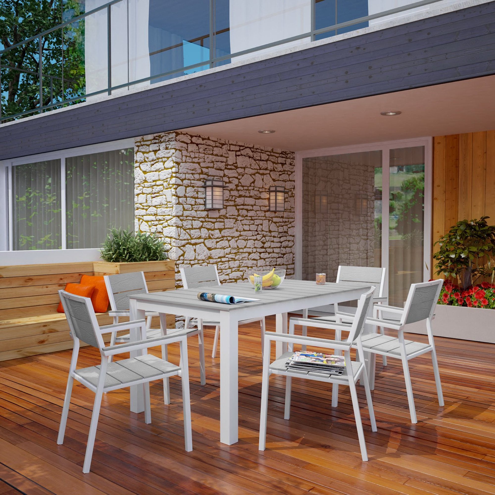 Maine 7 Piece Outdoor Patio Dining Set, White Light Gray