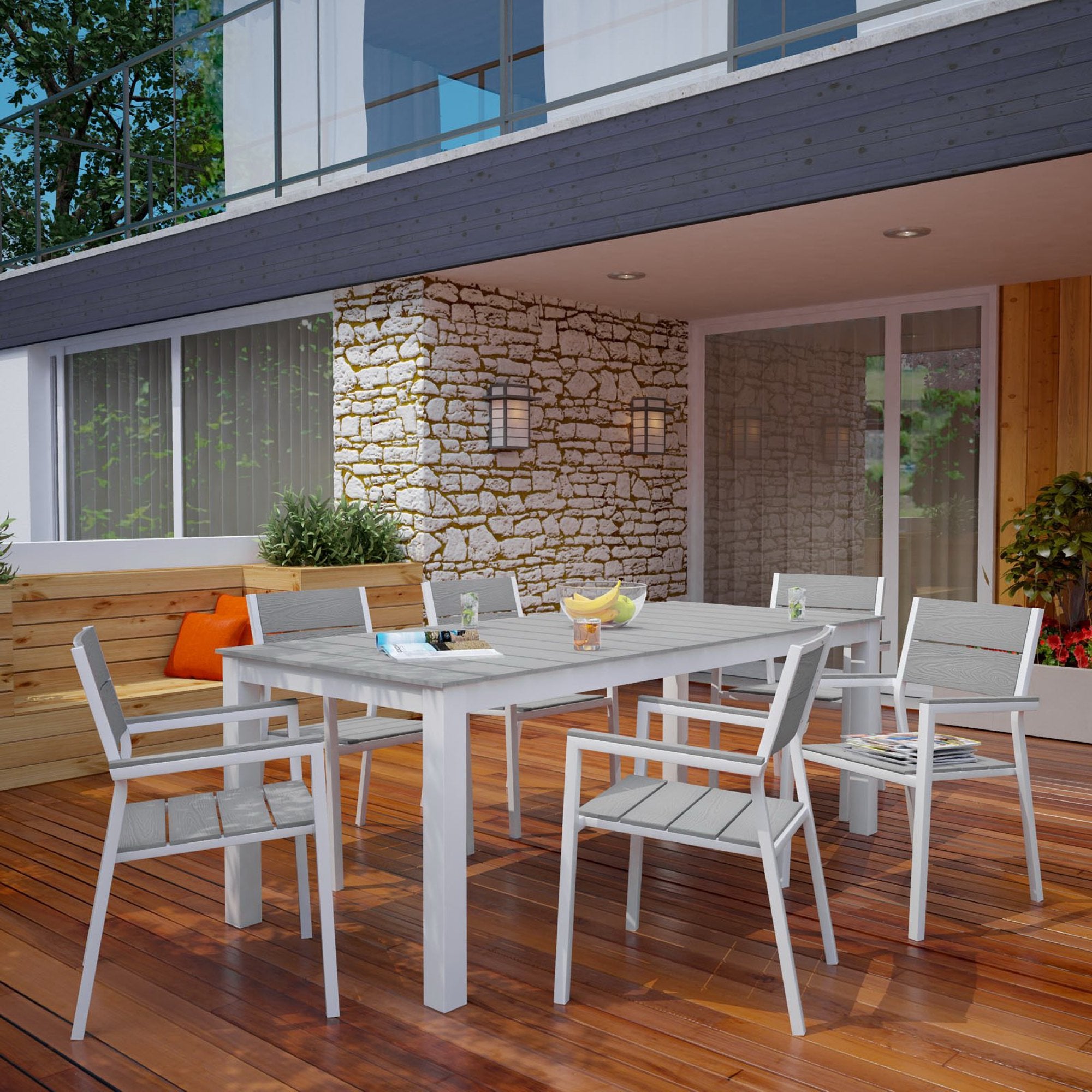 Maine 7 Piece Outdoor Patio Dining Set, White Light Gray