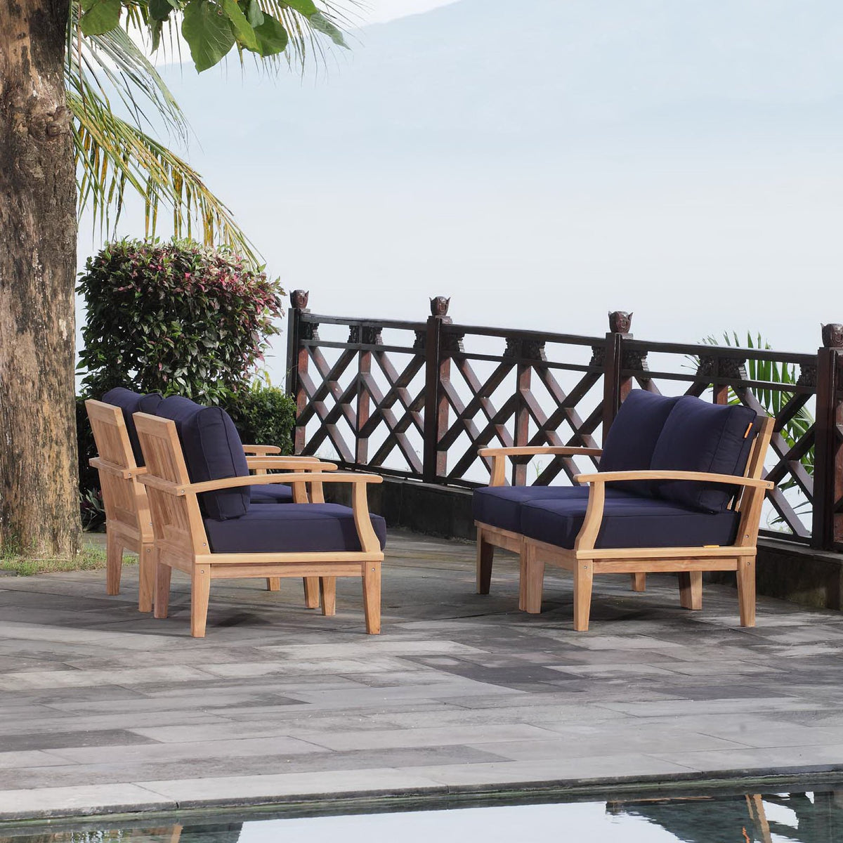 Marina 4 Piece Outdoor Patio Teak Set, Natural Navy - Model EEI-1818