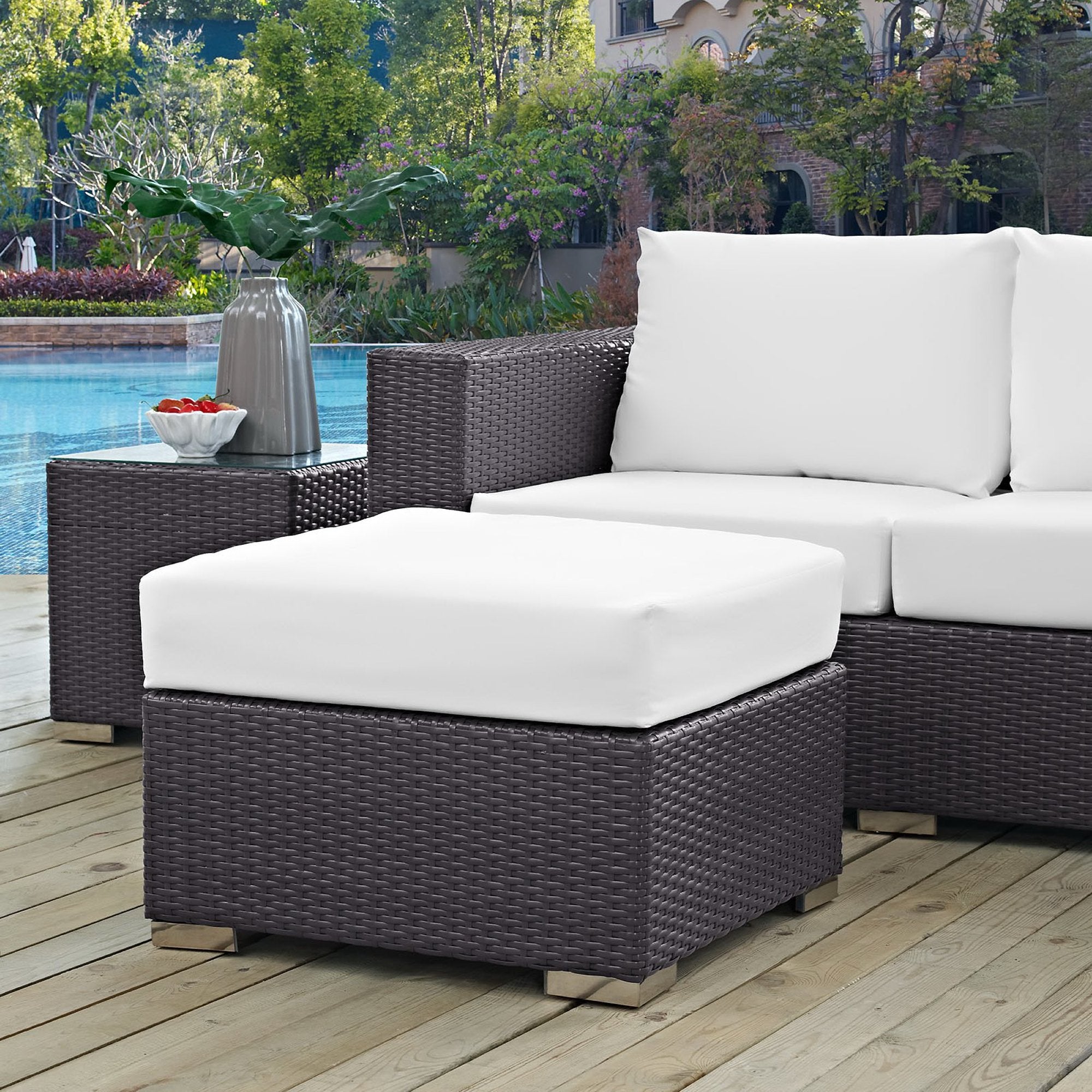 Convene Outdoor Patio Fabric Square Ottoman, Espresso White