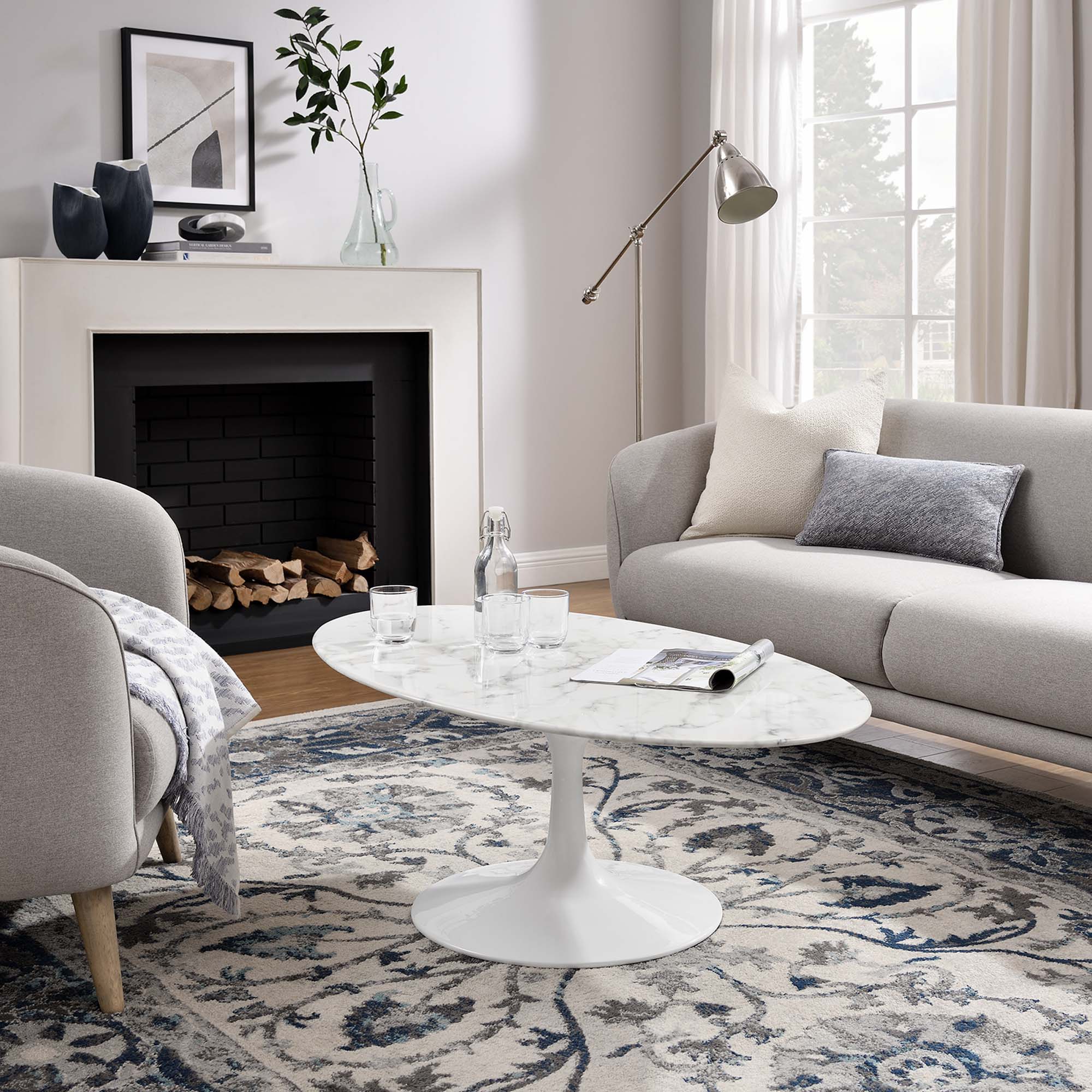 Lippa 48" Oval Faux Marble Coffee Table, White