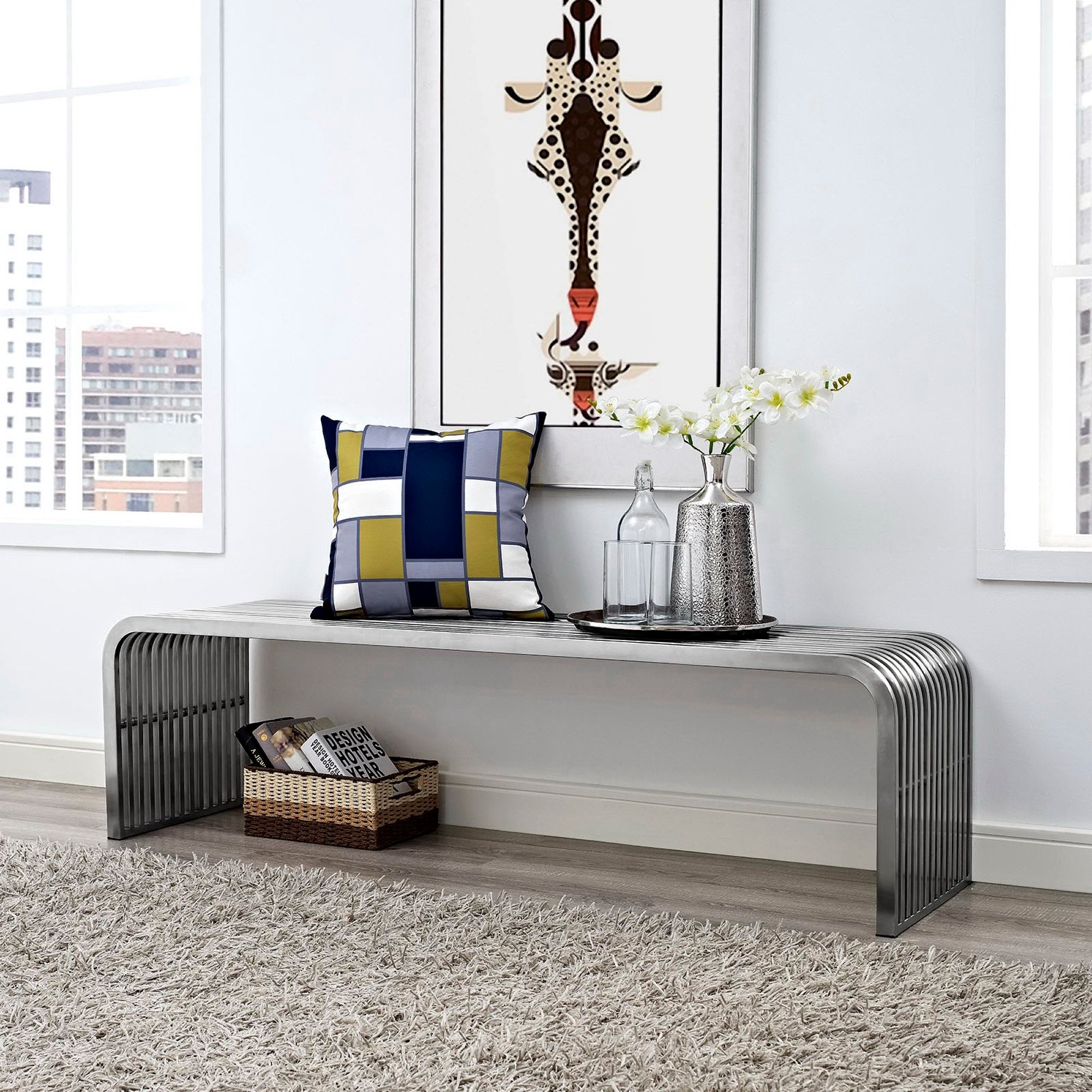 Pipe 60" Stainless Steel Bench, Silver