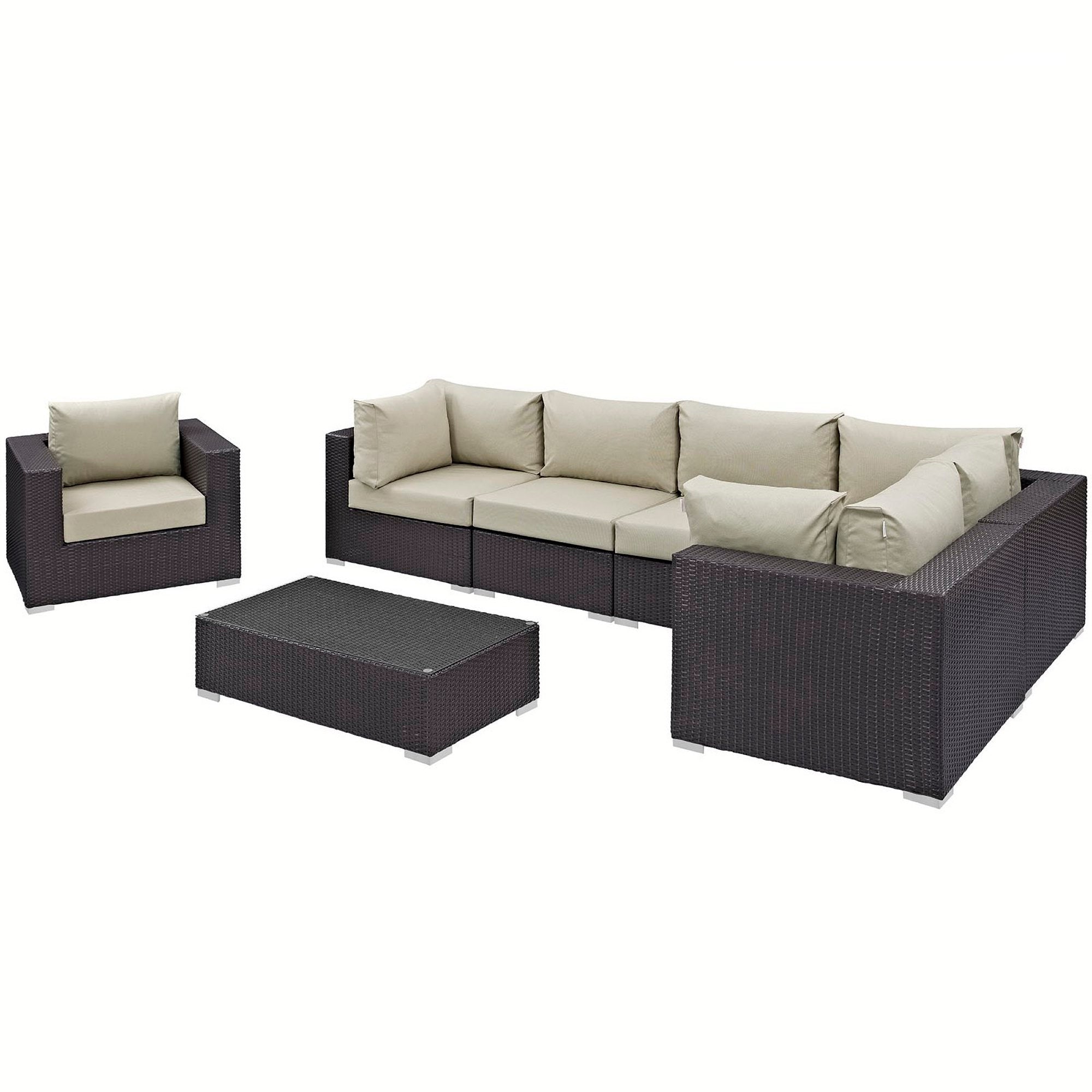 Convene 7 Piece Outdoor Patio Sectional Set, Espresso Beige