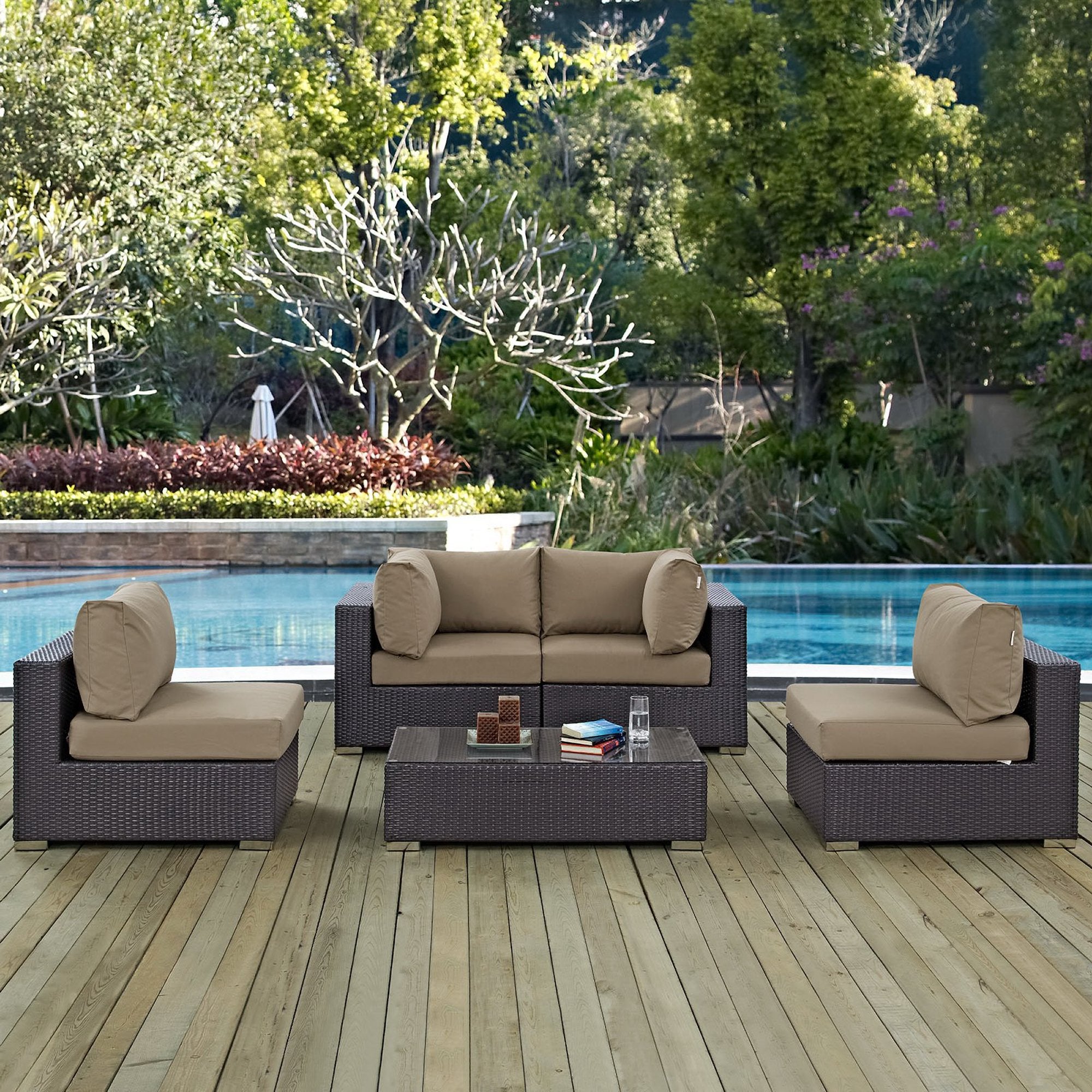Convene 5 Piece Outdoor Patio Sectional Set, Espresso Mocha