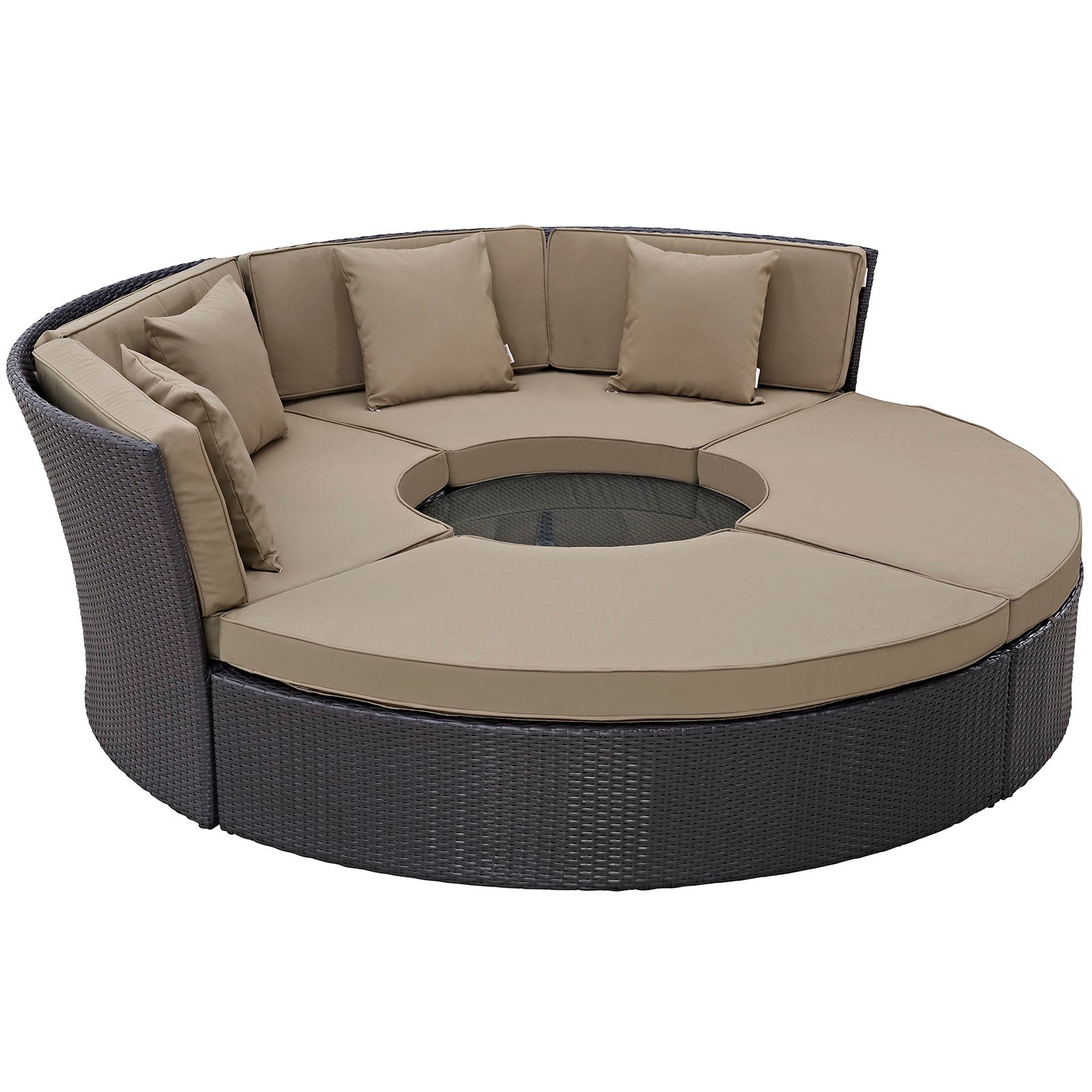 Wicker Circular Outdoor Daybed Set Espresso Orange Rattan – 3-Piece Sectional Sofa with Glass Table