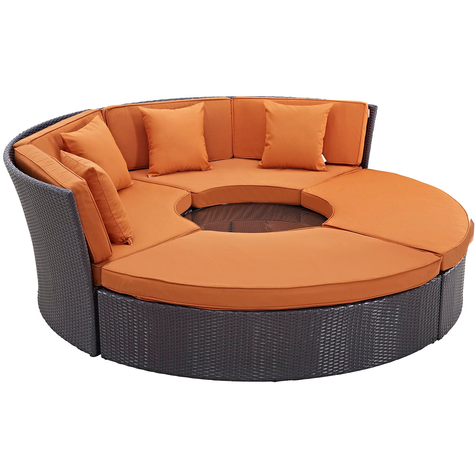 Wicker Circular Outdoor Daybed Set Espresso Orange Rattan – 3-Piece Sectional Sofa with Glass Table