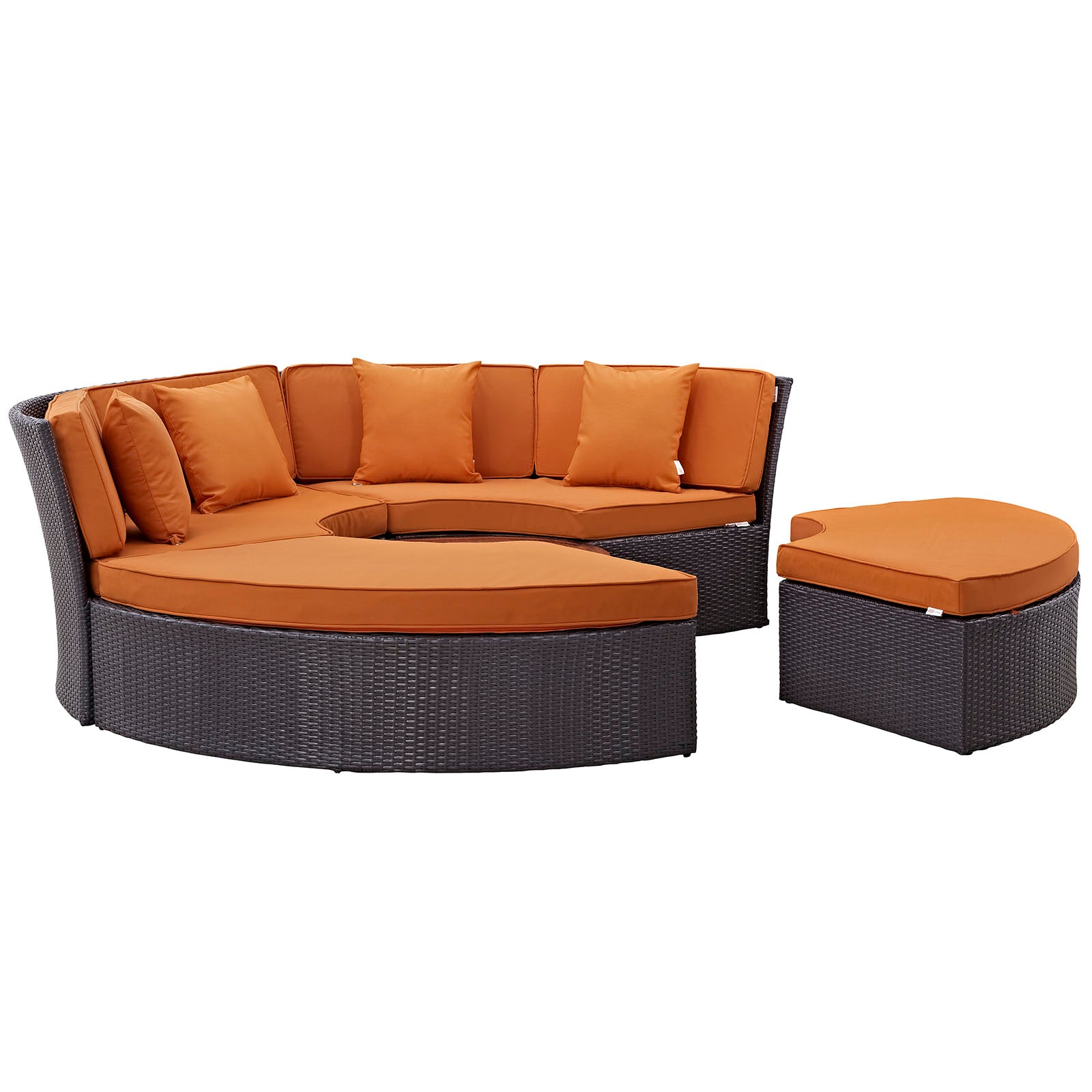 Wicker Circular Outdoor Daybed Set Espresso Orange Rattan – 3-Piece Sectional Sofa with Glass Table
