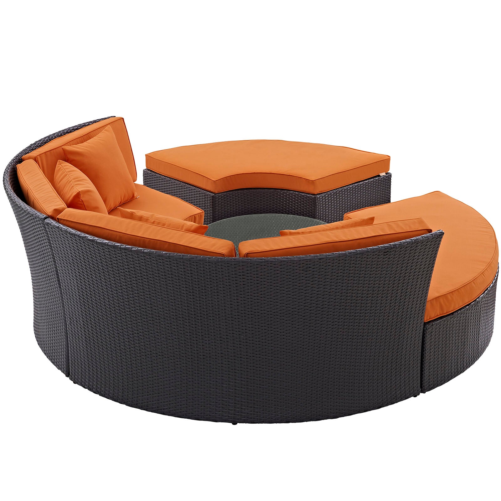 Wicker Circular Outdoor Daybed Set Espresso Orange Rattan – 3-Piece Sectional Sofa with Glass Table